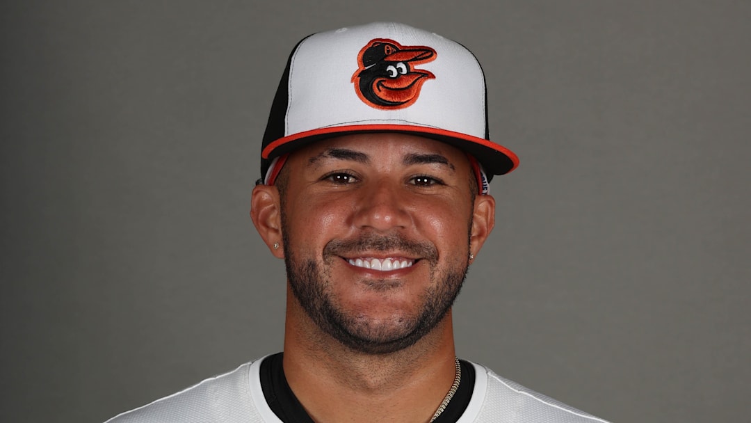 Feb 19, 2025; Sarasota, FL, USA; Baltimore Orioles infielder Vimael Machin (71) poses for photo during media day at Ed Smith Stadium. Mandatory Credit: Kim Klement Neitzel-Imagn Images