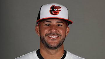 Feb 19, 2025; Sarasota, FL, USA; Baltimore Orioles infielder Vimael Machin (71) poses for photo during media day at Ed Smith Stadium. Mandatory Credit: Kim Klement Neitzel-Imagn Images