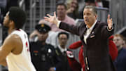 Arkansas Razorbacks coach John Calipari reacts during the first half against the Texas Tech Red Raiders during a West Regional semifinal of the 2025 NCAA tournament at Chase Center.