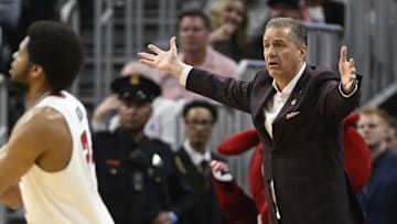 Arkansas Razorbacks coach John Calipari reacts during the first half against the Texas Tech Red Raiders during a West Regional semifinal of the 2025 NCAA tournament at Chase Center.