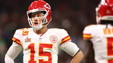 Kansas City Chiefs quarterback Patrick Mahomes (15) reacts in the fourth quarter against the Philadelphia Eagles in Super Bowl LIX at Caesars Superdome.