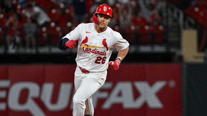 Apr 14, 2026; St. Louis, Missouri, USA; St. Louis Cardinals second baseman JJ Wetherholt (26) runs the bases after hitting a two run home run for his second home run of the game against the Cleveland Guardians during the eighth inning at Busch Stadium. Mandatory Credit: Jeff Curry-Imagn Images