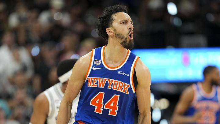 Jun 5, 2026; San Antonio, Texas, USA; New York Knicks guard Landry Shamet (44) celebrates during the fourth quarter during game two of the 2026 NBA Finals at Frost Bank Center. Mandatory Credit: Scott Wachter-Imagn Images
