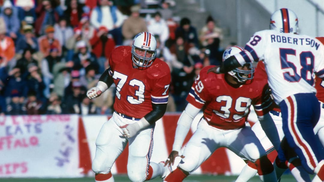 Dec 13, 1981; Foxboro, MA, USA; FILE PHOTO; New England Patriots tackle John Hannah (73) in action against the Buffalo Bills at Foxboro Stadium. Mandatory Credit: Dick Raphael-Imagn Images