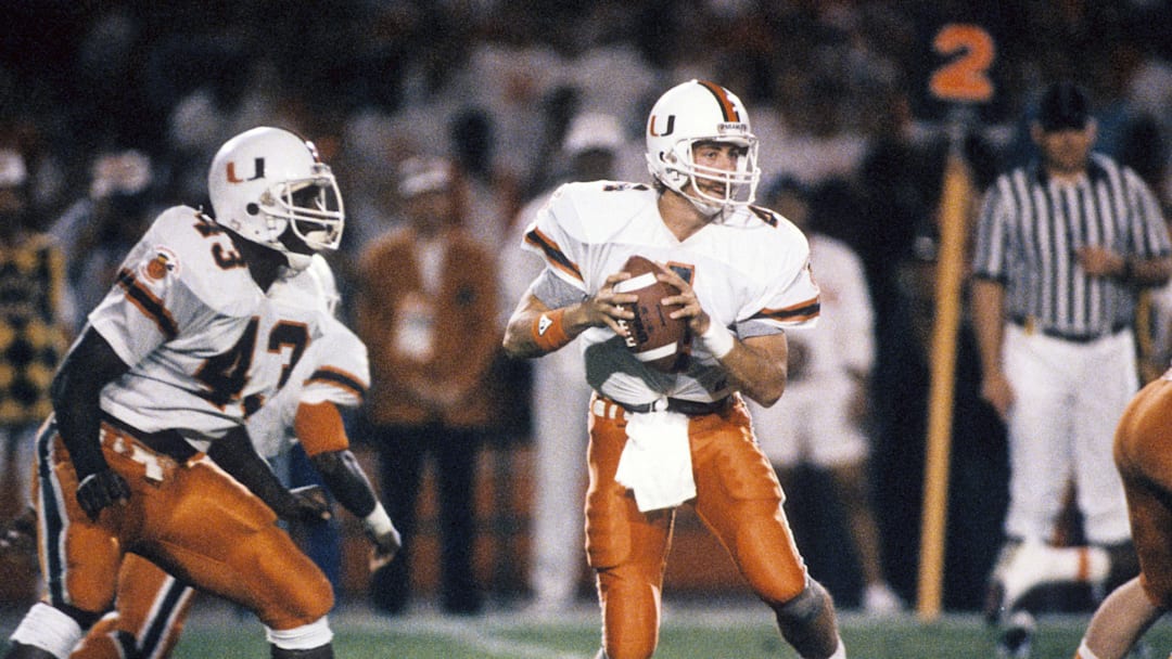 Jan 2, 1989; Miami, FL, USA; FILE PHOTO; Miami Hurricanes quarterback Steve Walsh (4) and running back Cleveland Gary (43) in action against the Nebraska Cornhuskers during the 1989 Orange Bowl. Miami went on to win 23-3. 