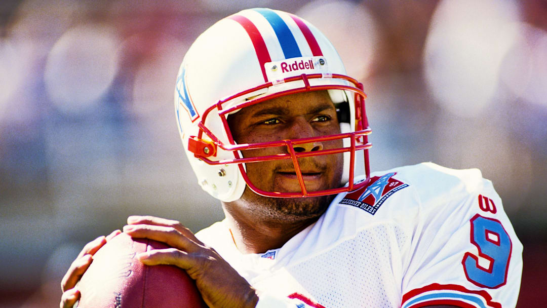Oct 26, 1997; Tempe, AZ, USA; FILE PHOTO; Tennessee Oilers quarterback Steve McNair (9) on the field prior to a game against the Arizona Cardinals at Sun Devil Stadium. Mandatory Credit: Peter Brouillet-USA TODAY NETWORK Oct 26, 1997; Tempe, AZ, USA; FILE PHOTO; Tennessee Oilers quarterback Steve McNair (9) on the field prior to a game against the Arizona Cardinals at Sun Devil Stadium. Mandatory Credit: Peter Brouillet-USA TODAY NETWORK