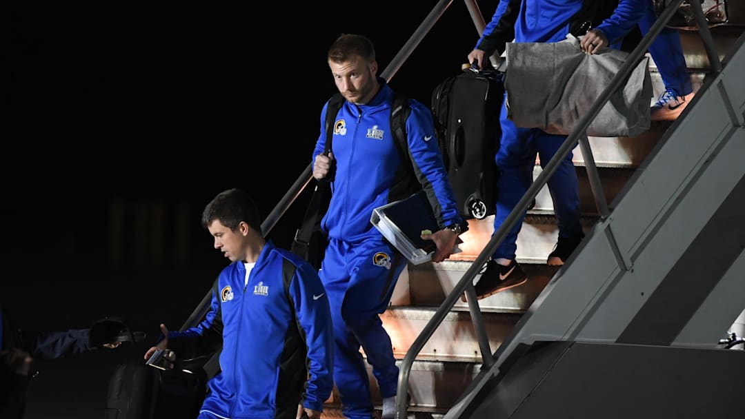 Jan 27, 2019; Atlanta, GA, USA; Los Angeles Rams head coach Sean McVay gets off the plane at Hartsfield   Jackson Atlanta International Airport ahead of Super Bowl LIII. Mandatory Credit: Adam Hagy-Imagn Images