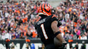 Cincinnati Bengals wide receiver Ja'Marr Chase (1) points to the crowd as the Bengals face the Minnesota Vikings at Paycor Stadium Saturday, December 16, 2023.