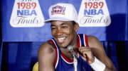 Jun 13, 1989; Los Angeles, CA, USA; FILE PHOTO; Detroit Pistons guard Isiah Thomas (11) addresses the media in a post game press conference after defeating Los Angeles Lakers in the 1989 NBA Finals at The Forum. Mandatory Credit: MPS-USA TODAY Sports