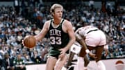 Feb 13, 1987; Portland, OR, USA: FILE PHOTO; Boston Celtics guard Larry Bird (33) in action against the Portland Trailblazers at Memorial Coliseum. Mandatory Credit: Imagn Images