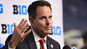 Jul 25, 2024; Indianapolis, IN, USA; Indiana Hoosiers head coach Curt Cignetti speaks to the media during the Big 10 football media day at Lucas Oil Stadium. Mandatory Credit: Robert Goddin-Imagn Images