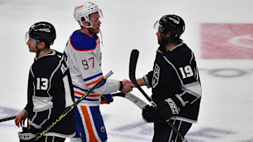 Apr 29, 2023; Los Angeles, California, USA; Edmonton Oilers center Connor McDavid (97) meets with