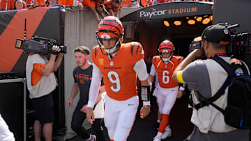Cincinnati Bengals quarterback Joe Burrow (9) takes the field before facing the Jacksonville Jaguars in their first home game of the season at Paycor Stadium Sunday, September 14, 2025.