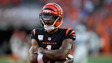 Cincinnati Bengals wide receiver Ja'Marr Chase (1) celebrates his 2nd touchdown in the 4th quarter over the Detroit Lions at Paycor Stadium on October 5, 2025. The Bengals lost 24-37.