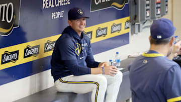 Walker McKinven, Milwaukee Brewers  Associate Pitching, Catching and Strategy Coach talks with personnel before the Milwaukee Brewers play the St. Louis Cardinals in Milwaukee on Thursday, Sept. 23, 2021. -  Photo by Mike De Sisti / Milwaukee Journal Sentinel via USA TODAY NETWORK ORG  XMIT: DBY1

Mjs Brewers Cardinals Brewers24 02632