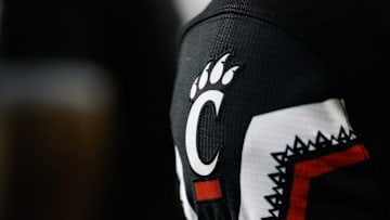Sep 5, 2015; Cincinnati, OH, USA; A detailed view of the Cincinnati Bearcats logo on a jersey at Nippert Stadium. The Bearcats won 52-10. Mandatory Credit: Aaron Doster-Imagn Images