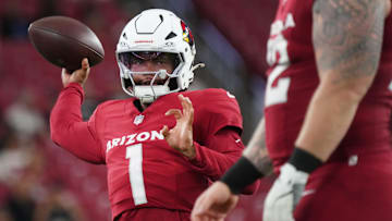 Arizona Cardinals quarterback Kyler Murray (1) throws the ball during warmups before their game against the Las Vegas Raiders at State Farm Stadium in Glendale, on Aug. 23, 2025.