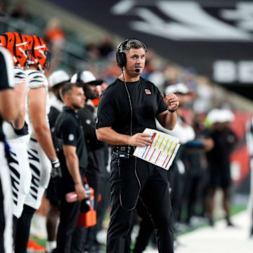 Cincinnati Bengals head coach Zac Taylor instructs his team as they face the Indianapolis Colts Thursday, August 22, 2024. The Bengals lost 27-14 in the preseason game.