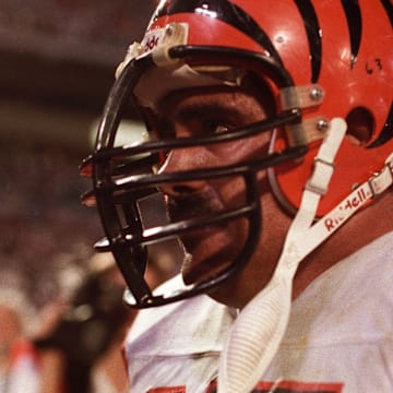Jan 22, 1989; Miami, FL, USA; FILE PHOTO; Cincinnati Bengals guard Max Montoya (65) on the sideline against the San Francisco 49ers during Super Bowl XXIII at Joe Robbie Stadium. The 49ers defeated the Bengals 20-16. Mandatory Credit: RVR Photos-Imagn Images