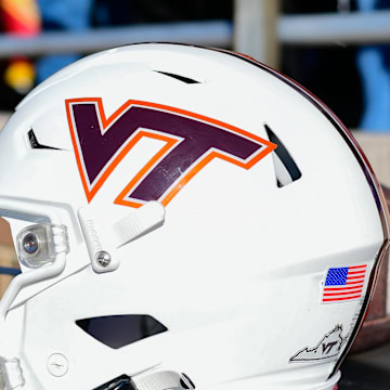 Nov 11, 2023; Chestnut Hill, Massachusetts, USA; A Virginia Tech Hokies helmet rest on a table during the first half against the Boston College Eagles at Alumni Stadium. Mandatory Credit: Eric Canha-Imagn Images
