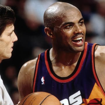 Unknown date 1995; Portland, OR, USA: FILE PHOTO; Phoenix Suns forward Charles Barkley (34) reacts against the Portland Trail Blazers at Memorial Coliseum. Mandatory Credit: Imagn Images