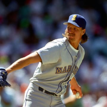 Seattle Mariners pitcher (51) Randy Johnson in action against the Toronto Blue Jays at the Skydome in 1991.