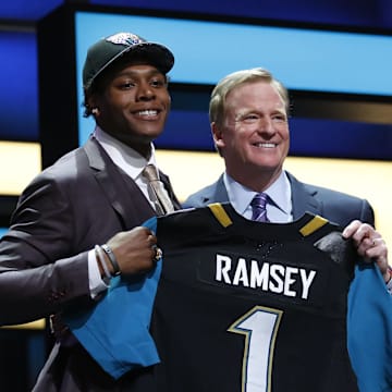 Apr 28, 2016; Chicago, IL, USA; Jalen Ramsey (Florida State) with NFL commissioner Roger Goodell after being selected by the Jacksonville Jaguars as the number five overall pick in the first round of the 2016 NFL Draft at Auditorium Theatre. Mandatory Credit: Kamil Krzaczynski-Imagn Images