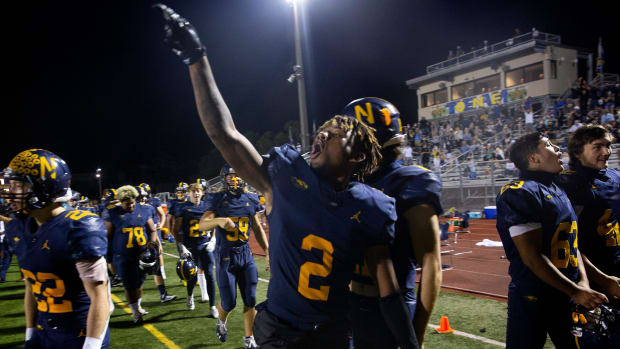 Naples' Jonas Duclona celebrates his teams win against North Fort Myers, Friday, Nov. 13, 2020, at Staver Field in Naples.