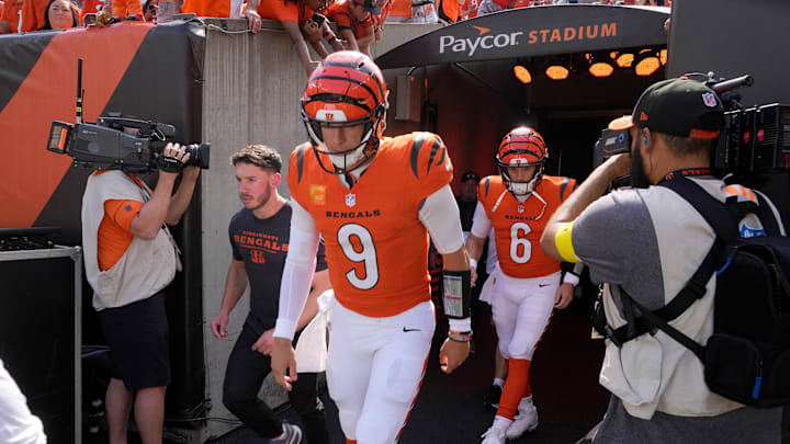 Cincinnati Bengals quarterback Joe Burrow (9) takes the field before facing the Jacksonville Jaguars in their first home game of the season at Paycor Stadium Sunday, September 14, 2025.