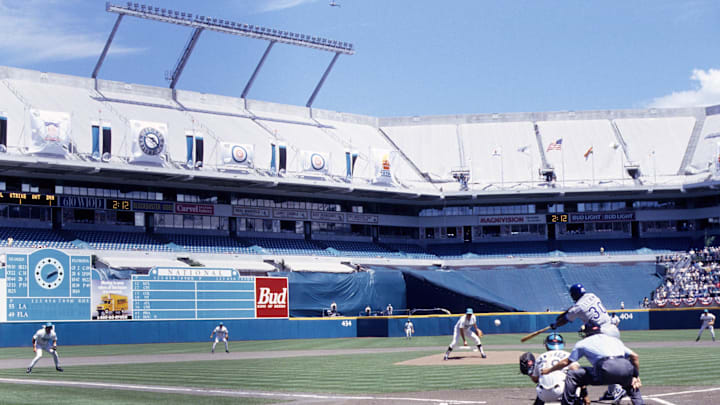Apr 5, 1993, Miami, FL, USA; FILE PHOTO; Florida Marlins pitcher Charlie Hough delivers a pitch during the first at bat ever for the expansion team against Los Angeles Dodgers batter Jose Offerman at Dolphin Stadium during opening day. Mandatory Credit: RVR Photos-Imagn Images