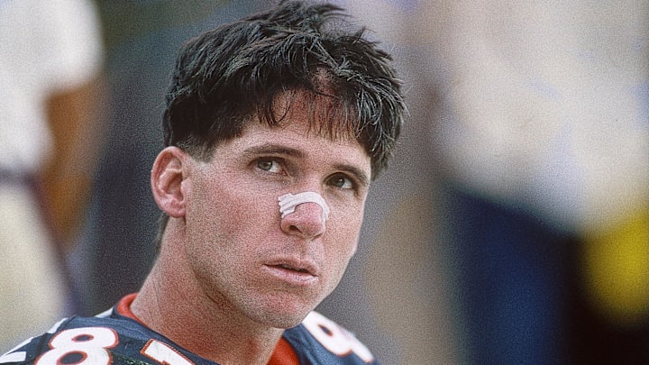 Aug 31, 1997; Denver, CO, USA; FILE PHOTO; Denver Broncos receiver Ed McCaffrey (87) on the sidelines against the Kansas City Chiefs at Mile High Stadium. Mandatory Credit: Peter Brouillet-USA TODAY NETWORK