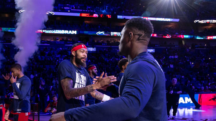 Feb 14, 2024; New Orleans, Louisiana, USA;  New Orleans Pelicans forward Brandon Ingram (14) and forward Zion Williamson (1) before game against the Washington Wizards at Smoothie King Center. 