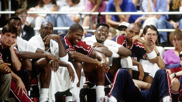 Jul 3, 1992; Portland, OR, USA: FILE PHOTO; USA dream team guard John Stockton - David Robinson - Michael Jordan - Magic Johnson - Patrick Ewing and Charles Barkley on the bench against Puerto Rico during the 1992 Tournament of the Americas at Memorial Coliseum. Mandatory Credit: USA TODAY Sports