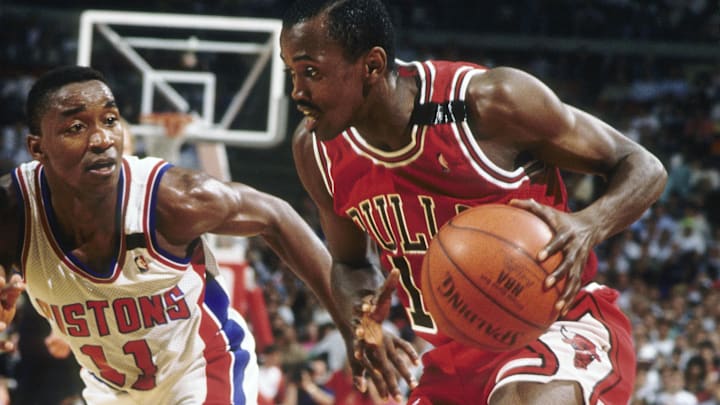 May 1989; Detroit, MI, USA: FILE PHOTO; Chicago Bulls guard Craig Hodges (14) is defended by Detroit Pistons guard Isiah Thomas (11) during the 1988-89 NBA Eastern Conference Finals at The Palace. The Pistons defeated the Bulls 4 games to 2. Mandatory Credit: MPS-Imagn Images May 1989; Detroit, MI, USA: FILE PHOTO; Chicago Bulls guard Craig Hodges (14) is defended by Detroit Pistons guard Isiah Thomas (11) during the 1988-89 NBA Eastern Conference Finals at The Palace. The Pistons defeated the Bulls 4 games to 2. Mandatory Credit: MPS-Imagn Images
