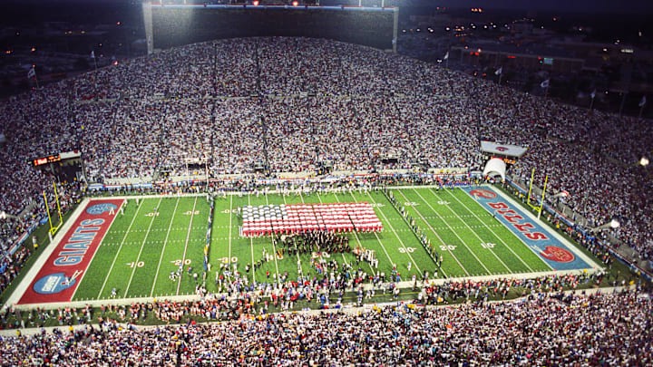 Jan 27, 1991; Tampa, FL, USA; FILE PHOTO; A general view of recording artist Whitney Houston performing the National Anthem prior to the start of Super Bowl XXV between the New York Giants and the Buffalo Bills at Tampa Stadium. Jan 27, 1991; Tampa, FL, USA; FILE PHOTO; A general view of recording artist Whitney Houston performing the National Anthem prior to the start of Super Bowl XXV between the New York Giants and the Buffalo Bills at Tampa Stadium.