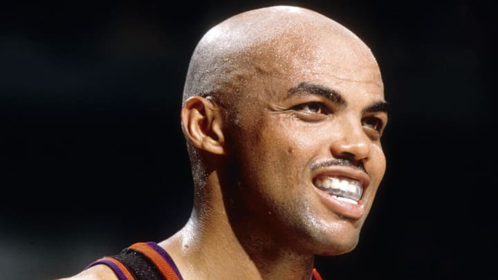 Unknown date 1995; Portland, OR, USA: FILE PHOTO; Phoenix Suns forward Charles Barkley (34) reacts against the Portland Trail Blazers at Memorial Coliseum. Mandatory Credit: USA TODAY Sports