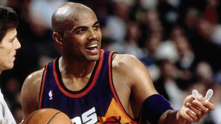 Unknown date 1995; Portland, OR, USA: FILE PHOTO; Phoenix Suns forward Charles Barkley (34) reacts against the Portland Trail Blazers at Memorial Coliseum. Mandatory Credit: Imagn Images