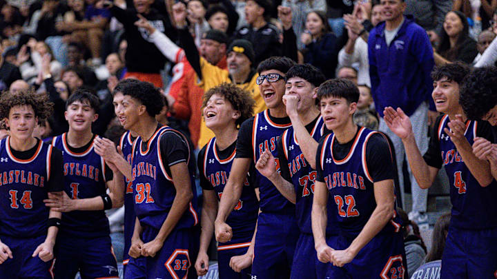 The Eastlake bench celebrates during a District 1-6A boys basketball game against Franklin at Franklin High School in El Paso, Texas, on Friday, Jan. 9, 2026.