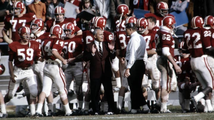 Nov 25, 1967; Bloomington, IN, USA; FILE PHOTO; Indiana Hoosiers head coach John Pont on the sideline against the Purdue Boliermakers at Memorial Stadium. Mandatory Credit: Malcolm Emmons-USA TODAY Sports