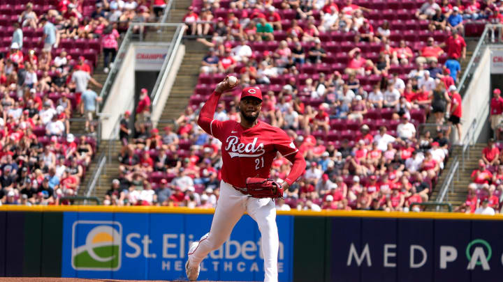 Cincinnati Reds pitcher Hunter Greene (21) throws to the Detroit Tigers in the first inning at Great American Ball Park in Cincinnati on Saturday, July 6, 2024.