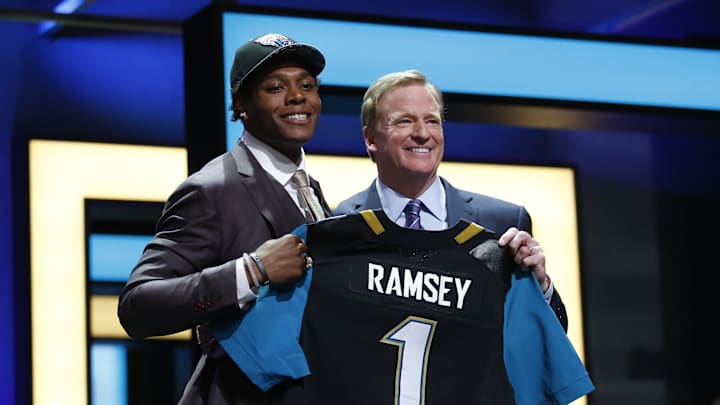 Apr 28, 2016; Chicago, IL, USA; Jalen Ramsey (Florida State) with NFL commissioner Roger Goodell after being selected by the Jacksonville Jaguars as the number five overall pick in the first round of the 2016 NFL Draft at Auditorium Theatre. Mandatory Credit: Kamil Krzaczynski-Imagn Images Apr 28, 2016; Chicago, IL, USA; Jalen Ramsey (Florida State) with NFL commissioner Roger Goodell after being selected by the Jacksonville Jaguars as the number five overall pick in the first round of the 2016 NFL Draft at Auditorium Theatre. Mandatory Credit: Kamil Krzaczynski-Imagn Images