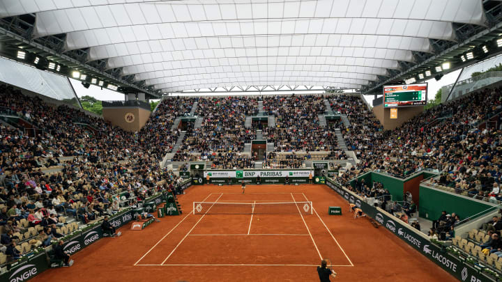 May 29, 2024; Paris, France; General view of Court Suzanne-Lenglen with the new roof closed for the Stefanos Tsitsipas of Greece and Daniel Altmaier match of Germany on day four of Roland Garros at Stade Roland Garros.