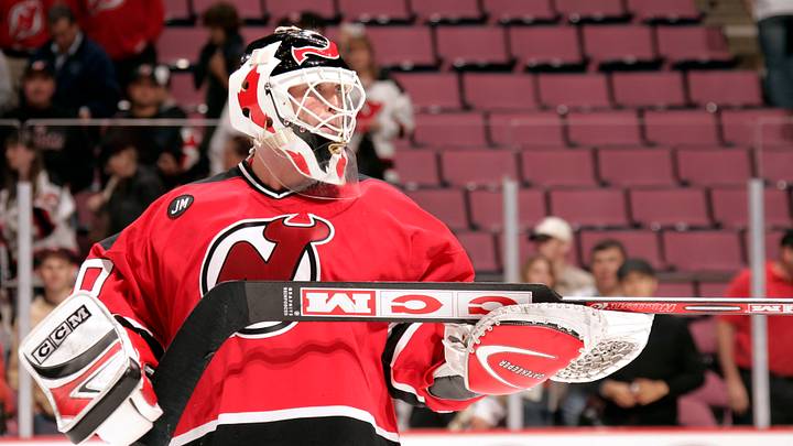 Oct 5, 2005; East Rutherford, NJ, USA; New Jersey Devils goalie Martin Brodeur (30) on the ice against the Pittsburgh Penguins at Continental Airlines Arena. Credit: Lou Capozzola-USA TODAY NETWORK
