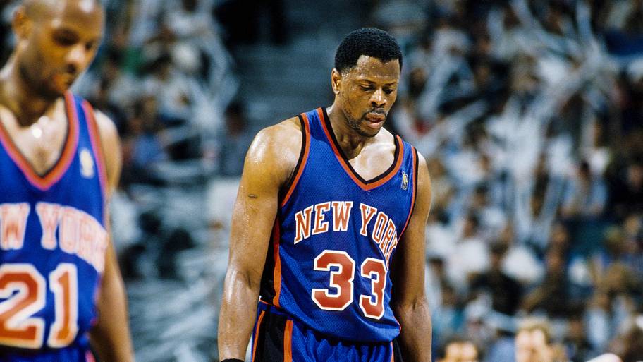 New York Knicks center Patrick Ewing reacts on the court against the Miami Heat during the 1997 NBA playoffs.