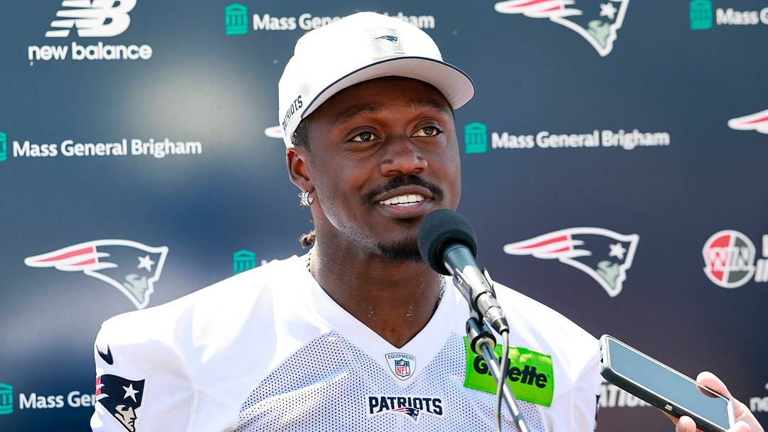 A.J. Brown 1 of the New England Patriots fields questions after New England Patriots Training Camp on July 27, 2026, at Gillette Stadium in Foxborough, Massachusetts. 