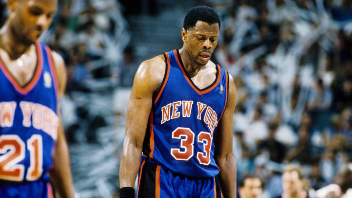 May 18, 1997; Miami, FL; USA; FILE PHOTO; New York Knicks center Patrick Ewing (33) reacts on the court against the Miami Heat during the the first round of the 1997 NBA Playoffs at the Miami Arena. Mandatory Credit: RVR Photos-USA TODAY Sports