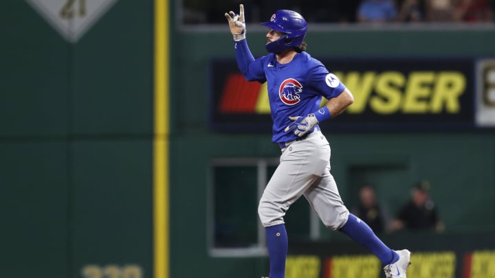 Aug 26, 2024; Pittsburgh, Pennsylvania, USA;  Chicago Cubs shortstop Dansby Swanson (7) circles the bases after hitting a grand slam home run against the Pittsburgh Pirates during the sixth inning at PNC Park.