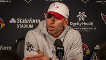Cardinals head coach Jonathan Gannon talks with the media at the Arizona Cardinals training center in Tempe on May 9,2025.