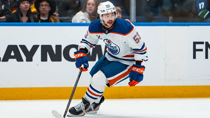 Jan 17, 2026; Vancouver, British Columbia, CAN; Edmonton Oilers forward Isaac Howard (53) skates against the Vancouver Canucks in the third period at Rogers Arena. Mandatory Credit: Bob Frid-Imagn Images