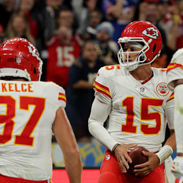 [US, Mexico & Canada customers only] Sep 5, 2025; Sao Paulo, BRAZIL; Kansas City Chiefs quarterback Patrick Mahomes (15) in the second half during a NFL game at Corinthians Arena. Mandatory Credit: Amanda Perobelli/Reuters via Imagn Images